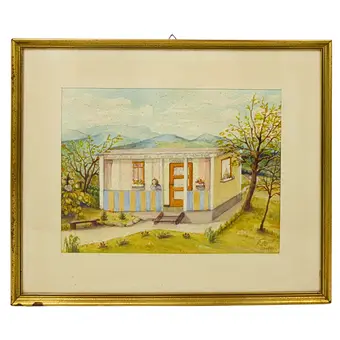Akwarela, widok domu z sentencją, datowana 1961.