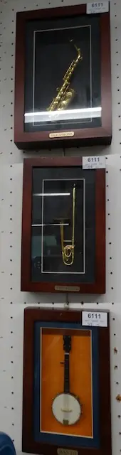 5 kleine muziekinstrumenten achter glas