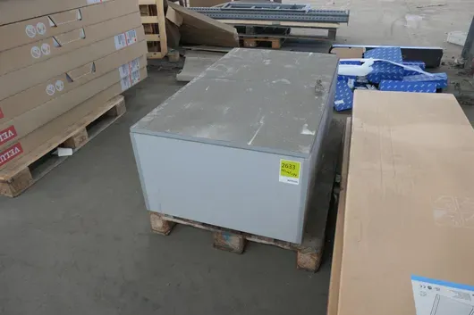 Metal box with hinged lid, grey, with divider, lockable, incl. key, 123 x 43 x 71 cm, with residual contents