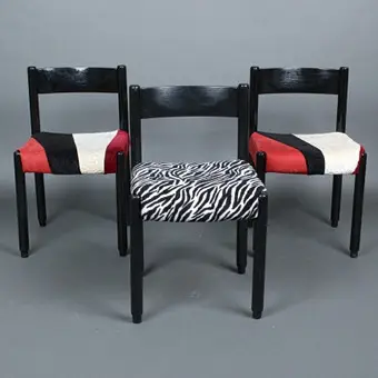 VICO MAGISTRETTI. IN THE STYLE OF. Three chairs / dining chairs, beech, fabric, 1980s, Italy.