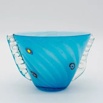MURANO GLASS BOWL FROM ITALY BY BAROVIER & TOSO, MOUTH-BLOWN, MURRINES, 1950S.