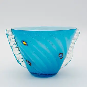 MURANO GLASS BOWL FROM ITALY BY BAROVIER & TOSO, MOUTH-BLOWN, MURRINES, 1950S.