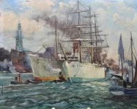 H.Valentin or similar, harbour scene, oil/fibreboard, unframed, 24.8 x 31.3cm