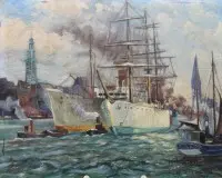 H.Valentin or similar, harbour scene, oil/fibreboard, unframed, 24.8 x 31.3cm