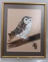 Collage/mixed media, owl, with real feathers, signed Helen Hall, framed/glass, frame size 31.5 x 25.5 cm