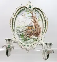 Decoratieve wandlamp met twee vlammen van porselein, ongemerkt, jachttafereel, ca. 42 x 36 cm
