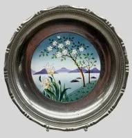 Bowl with painted base, nickel-plated gallery rim, H 4 cm, D 24 cm