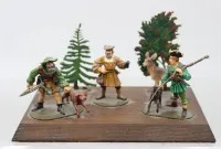 Tin figures on board, painted, hunting scene, board approx. 12 x 19 cm
