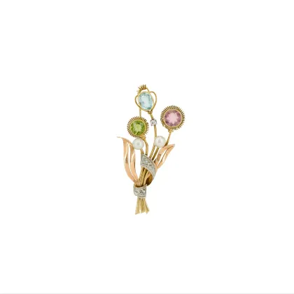 Broche 'Bouquet de fleurs' en diamants, perles et pierres de couleur