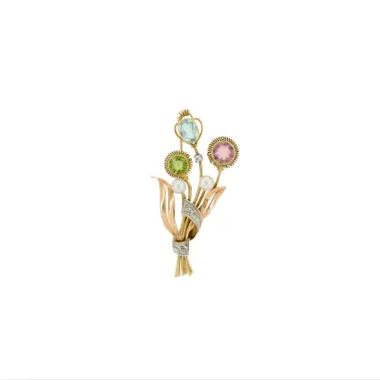 Broche 'Bouquet de fleurs' en pierres colorées, diamants et perles