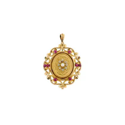 Broche met robijn, diamanten en parels
