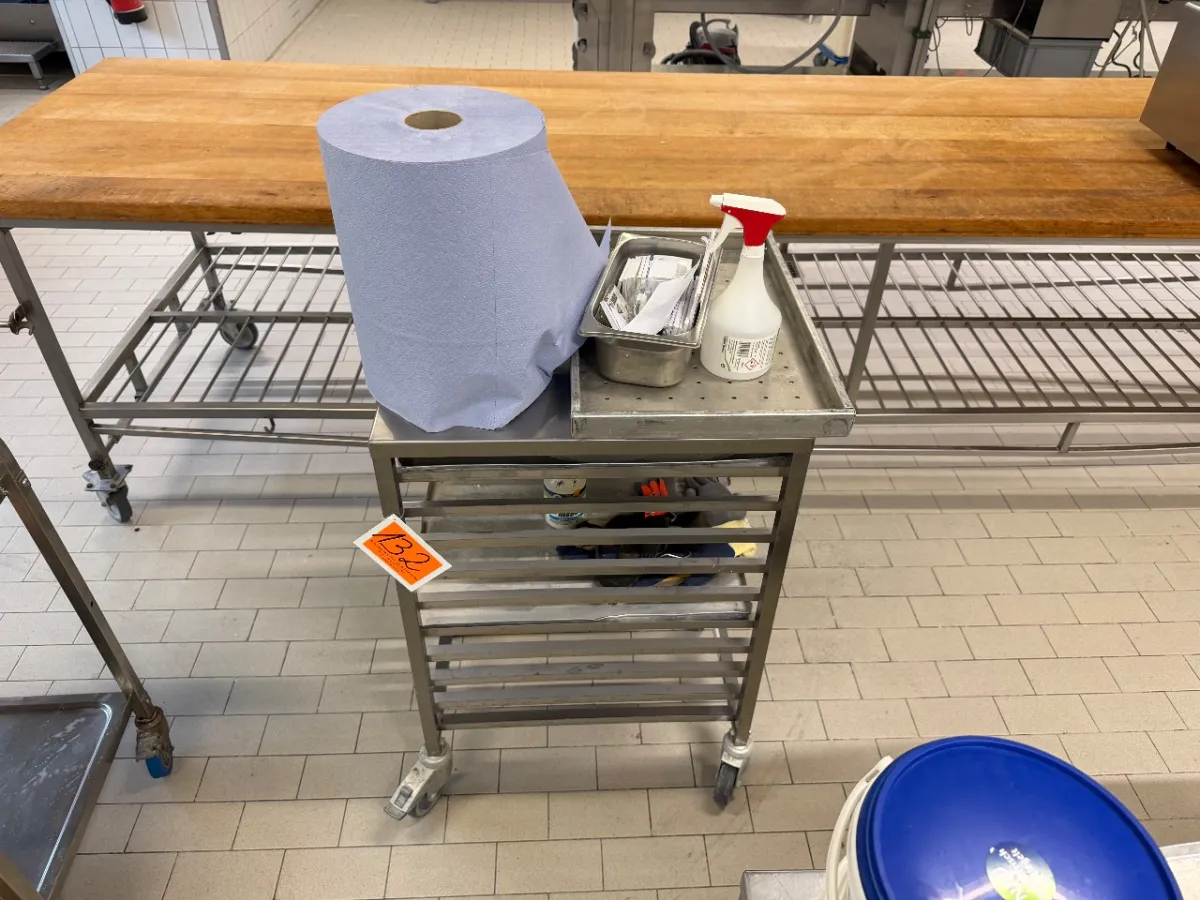 Stainless steel transport trolley (with various items)