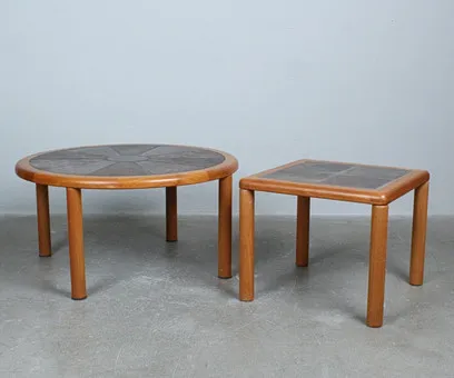 TUE POULSEN. for Haslev, coffee tables/side tables, teak, ceramic, 1960s, Denmark.