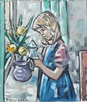 BENT LAURIDSEN (1926). Girl with Flowers, oil painting.