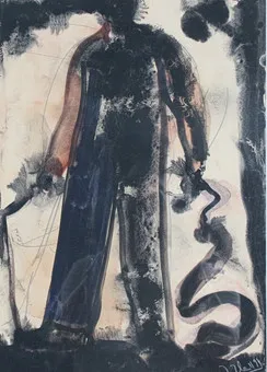 JÖRG HEROLD (1965). (bk), tempera/papier, ''Starker Mann mit Peitsche'' signé, daté (1994).