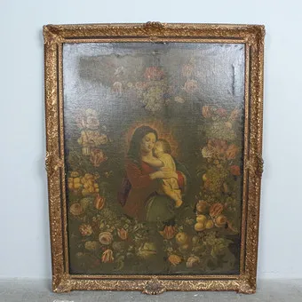 Artiste inconnu, huile sur toile, ''Vierge à l'Enfant dans une couronne de fleurs'' 18e-19e siècle.