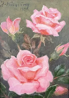 KISGYÖRGY, JÁNOS. Rosenstillleben, 1990, Öl auf Malplatte.