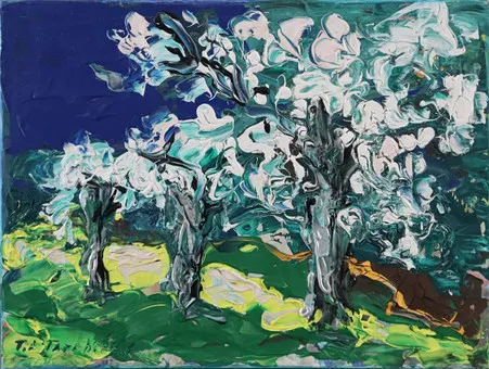 UNBEKANNTER KÜNSTLER. Apfelbäume, Acryl auf Leinwand.