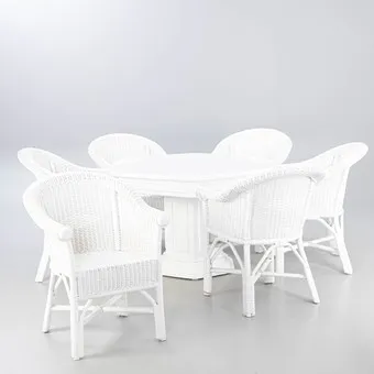 Hexagonal table and six armchairs, wood, bamboo and wicker, 20th/21st c. (7).