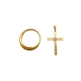 Parure en or jaune composée d'une alliance (750) et d'un pendentif croix (14K) serti