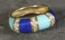 Ladies' ring – 750 yellow gold, approx. 7.7 g total, faceted ring band, set with lapis lazuli, turquoise and brilliants, size 54