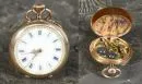 Damentaschenuhr – Gehäuse 585 GG, Staubdeckel Metall, ca. 23,3 g total, Emaillezifferblatt mit römischen Ziffern, Kronenaufzug,…