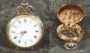 Dames zakhorloge – kast 585 geelgoud, stofdeksel metaal, ca. 23,3 g totaal, emaille wijzerplaat met Romeinse cijfers, kroonopwinding,…