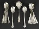 Ice cream spoons, 12 pieces and 1 cream spoon – 800 silver, approx. 340 g, handles with engraved monogram, cream spoon with shell handle, L= 14/14.5 cm;