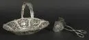 Handled bowl and pastry tongs – 800 silver, approx. 326 g, relief and openwork decorations with putti motifs, oval bowl 6.5 x 24 x 18 cm, tongs L= 17 cm