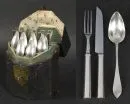 Ménagère, 18 pièces – Argent, 6 cuillères à soupe env. 255 g, 6 couteaux et fourchettes de table avec manches en argent remplis et parties d'usage en acier,…