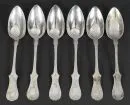 Soup spoons, 6 pieces – 750 silver, approx. 219 g, handles with engraved decorations and date 1887, L= 22 cm
