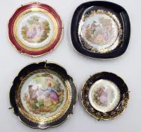 4 petites assiettes décoratives, scènes galantes, Limoges, env. D 13 à 9,5 cm