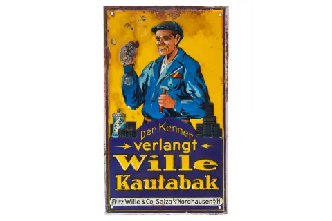 Tłoczona reklamowa tabliczka blaszana „Wille Kautabak”