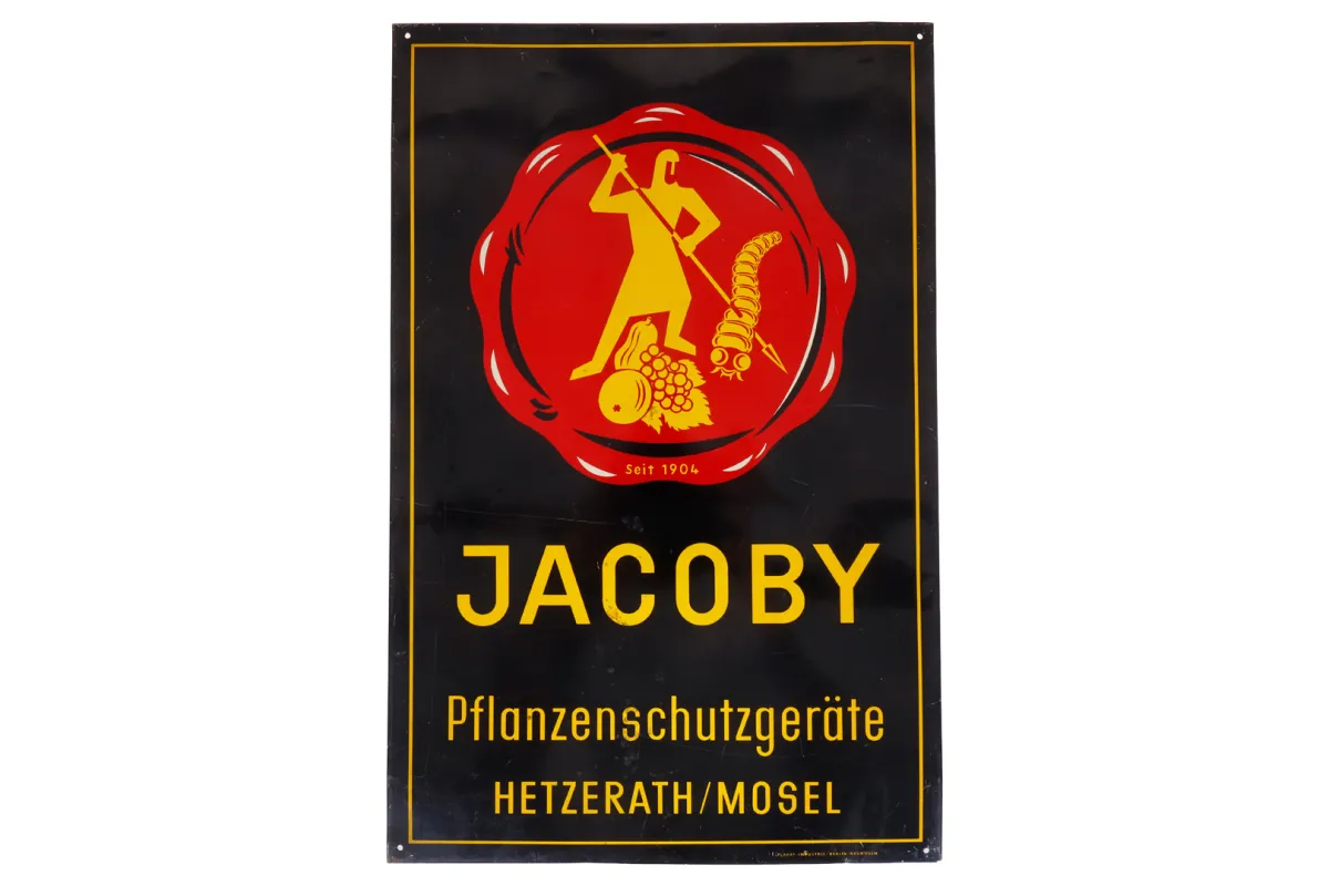 Plaque émaillée publicitaire « Jacoby Pflanzenschutz »