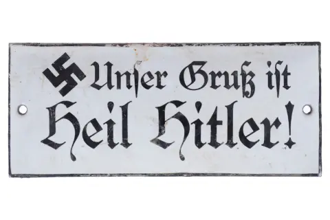 Stara mała wypukła tabliczka emaliowana „Unser Gruß ist ...”