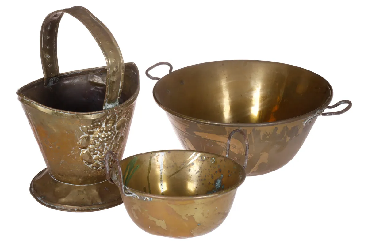 3 delen, messing schalen en mand met hengsel