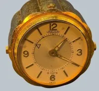 Alarm clock, Jaeger, brass, 8-day movement, 15 jewels, Swiss, movement stops, not maintained, 5 cm
