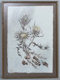 Onbekende kunstenaar, gemengde techniek op geschept papier. '' Distels ''.