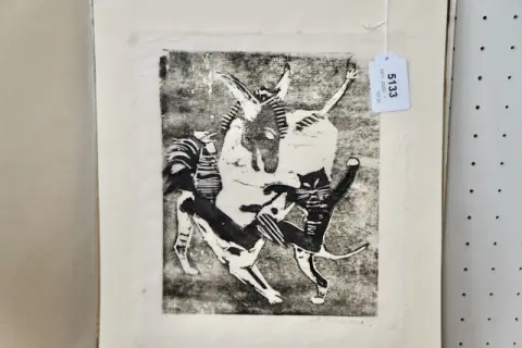 1 linocut "Town Musicians of Bremen"