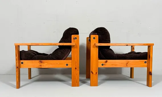 Set of 2 Mid Century armchairs in pine, Sweden, 1970s.