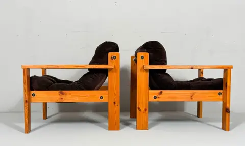 Set of 2 Mid Century armchairs in pine, Sweden, 1970s.
