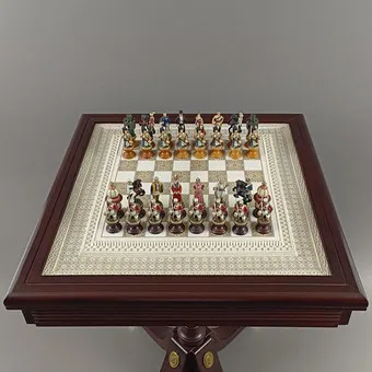 国际象棋 "The Raj" 附棋桌 - Franklin Mint，木底座锡制棋子。