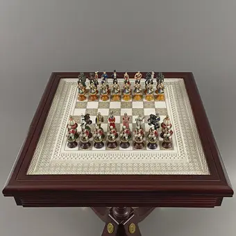 SCHACHSPIEL "DAS RAJ" MIT SPIELTISCH - FRANKLIN MINT, ZINNFIGUREN AUF HOLZSOCKEL.