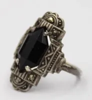 Art déco-ring af 830 sølv med onyks og markasit