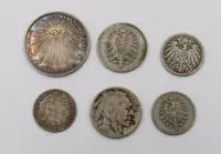 6 विविध सिक्के, चांदी, 3 जर्मन साम्राज्य, अमेरिका, फ्रांस, 1 पदक, कुल 21.7 ग्राम