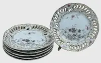 6 porselenskaketallerkener med gjennombrutt rand, håndmalt, "Fraureuth" omkring 1870/80, D 16 cm