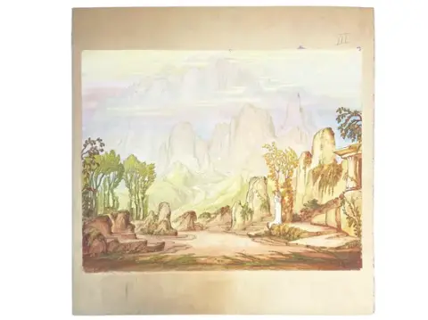 Heinz Grete - Scenedesign bjerglandskab med kvinde