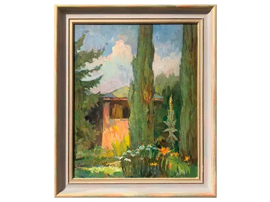 Hans Oertle - 带柏树的花园小屋