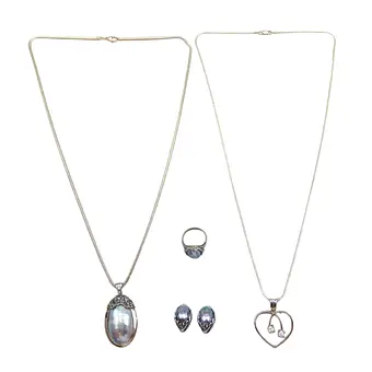 Set di gioielli in 5 pezzi, collane, anello e clip per orecchie, 585 oro bianco e 925 argento, madreperla e zircone/diamanti.