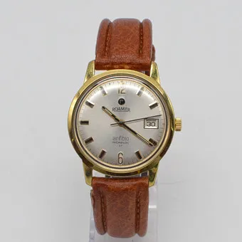 ROAMER, ANFIBIO INCABLOCK 17, 男士腕表，Swiss Made 手动上链机芯，daydate 功能，棕色皮表带，约1970年代。